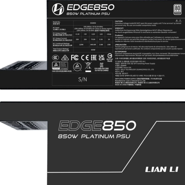 Захранващ блок Lian Li EDGE EG0850 Black 850W 80+ Platinum PCIe 5.1, ATX 3.1