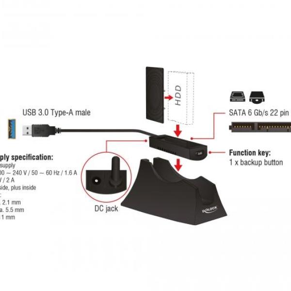 Външна докинг станция Delock, За 2.5″ / 3.5″ SATA HDD / SSD, Backup функция