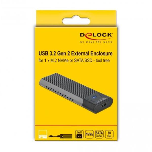 Външна стойка Delock, За M.2 NVMe PCIe или SATA SSD, USB-C 3.2 Gen 2, Инсталация без инструменти