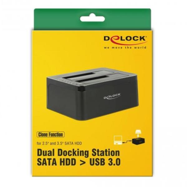 Външна докинг станция Delock 62661, за 2.5"/3.5" HDD/SSD, USB 3.0, Функция за клониране, Черен