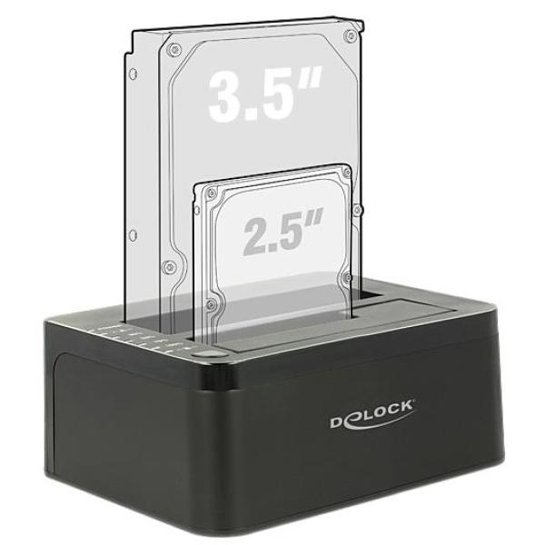 Външна докинг станция Delock 62661, за 2.5"/3.5" HDD/SSD, USB 3.0, Функция за клониране, Черен